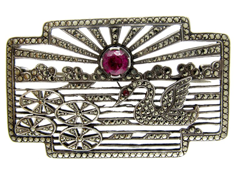 Art Deco Marcasite & Silver Swan Brooch