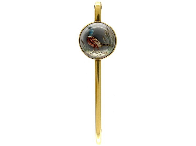 Reverse Intaglio 15ct Gold Rock Crystal Tie Pin of a Pheasant