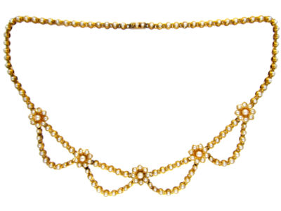 Victorian 18ct Gold & Natural Split Pearl Festoon Necklace