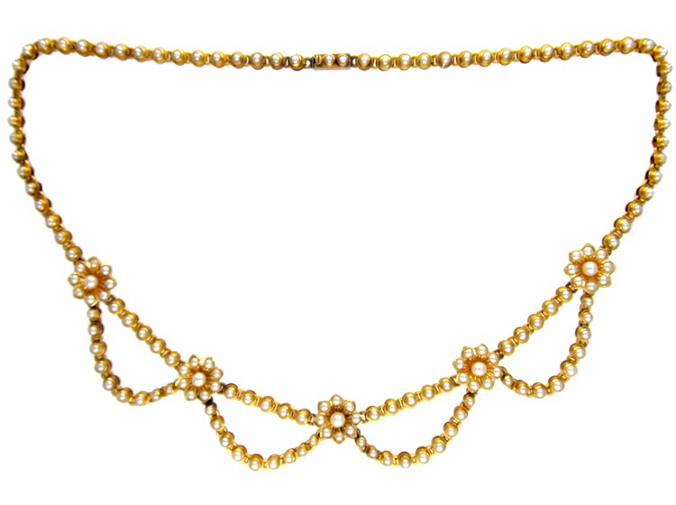 Victorian 18ct Gold & Natural Split Pearl Festoon Necklace
