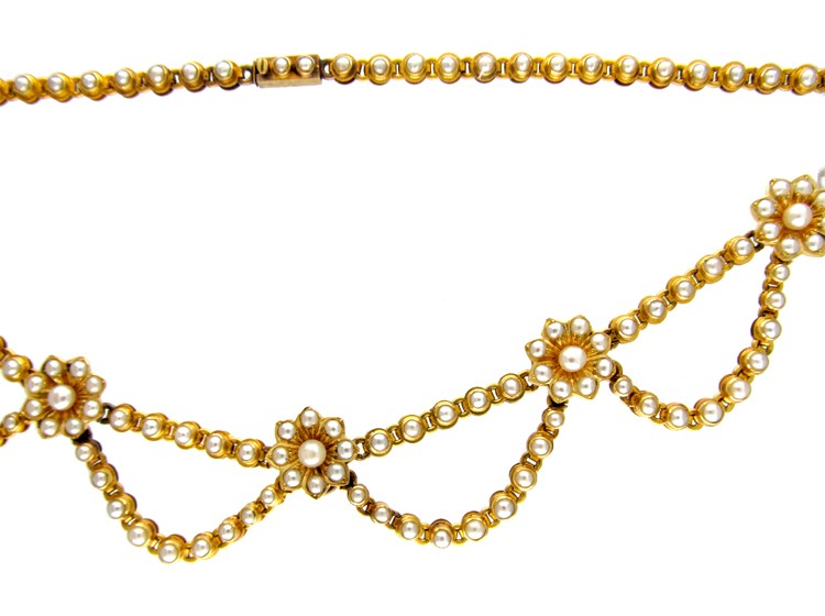 Victorian 18ct Gold & Natural Split Pearl Festoon Necklace