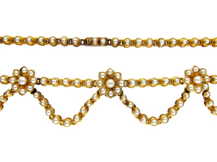 Victorian 18ct Gold & Natural Split Pearl Festoon Necklace