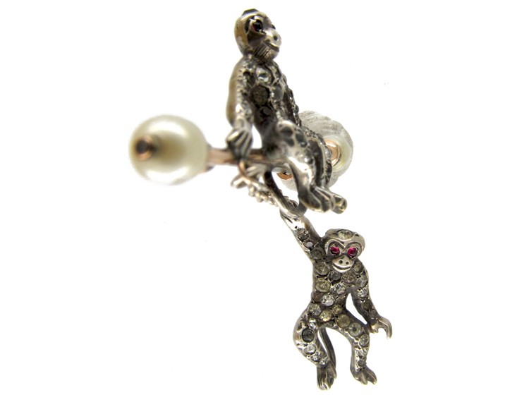 Edwardian Paste & Silver Double Monkey Brooch