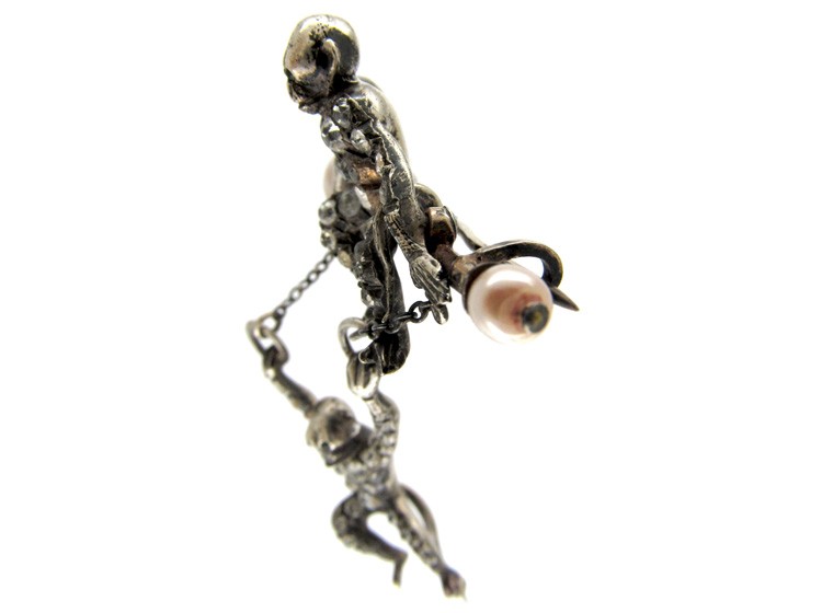 Edwardian Paste & Silver Double Monkey Brooch