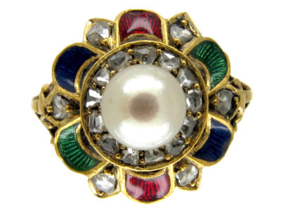 Rose Diamond, Natural Pearl & Enamel Suffragette Ring
