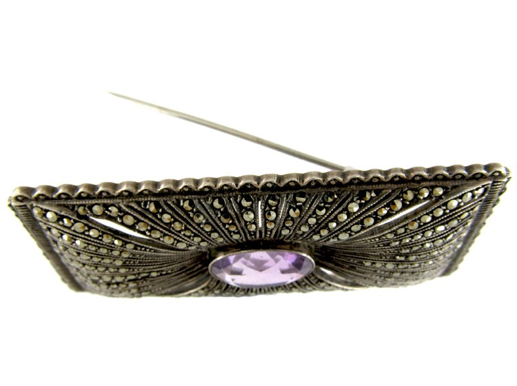 Art Deco Marcasite Silver & Amethyst Brooch