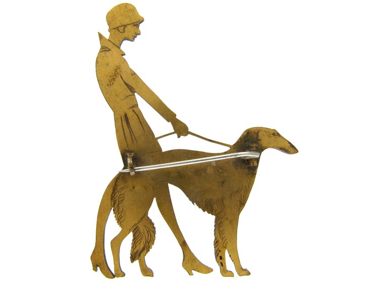 Art Deco Metal Lady & Dog Brooch
