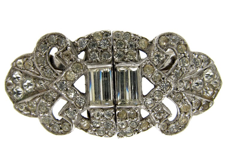 Art Deco Double Clip Silver & Paste Brooch