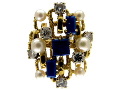Lapis Lazuli, Pearl & Diamond 1960s Ring