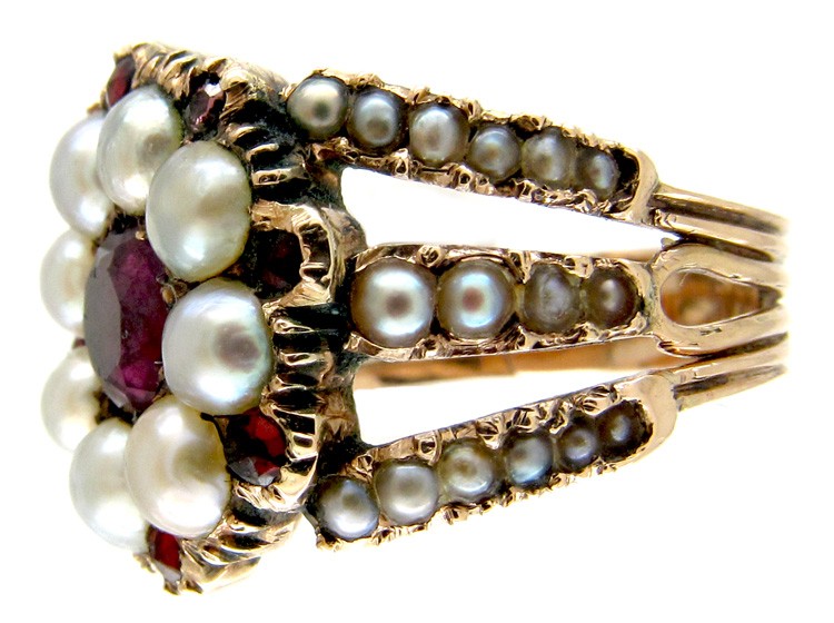 Georgian Natural Pearl & Garnet Cluster Ring