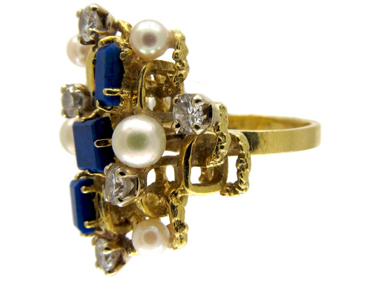 Lapis Lazuli, Pearl & Diamond 1960s Ring