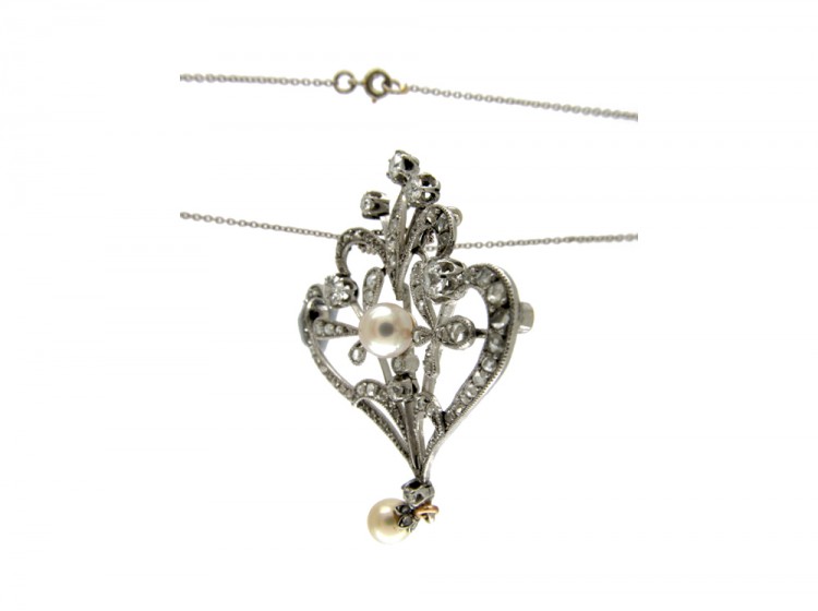 Diamond & Pearl Art Nouveau Pendant on Platinum Chain