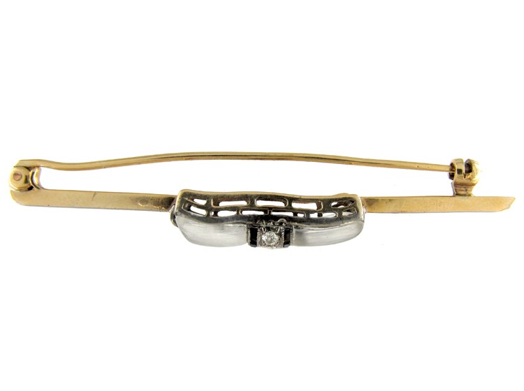 Art Deco Moonstone, Onyx & Diamonds Bow Brooch