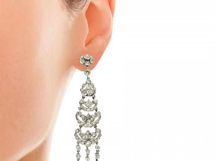 Edwardian Platinum & Diamond Long Drop Earrings