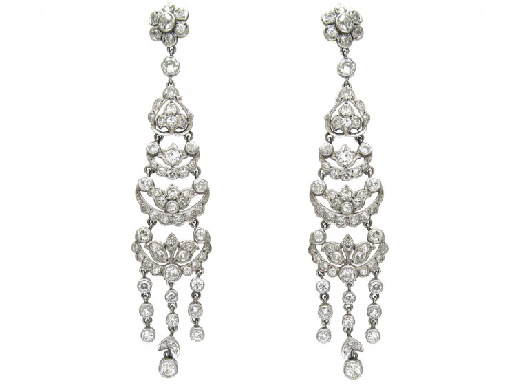 Edwardian Platinum & Diamond Long Drop Earrings