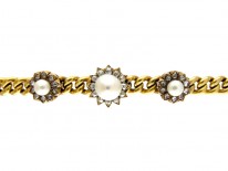 Natural Pearl Triple Cluster & Diamond 18ct Gold Victorian Bracelet