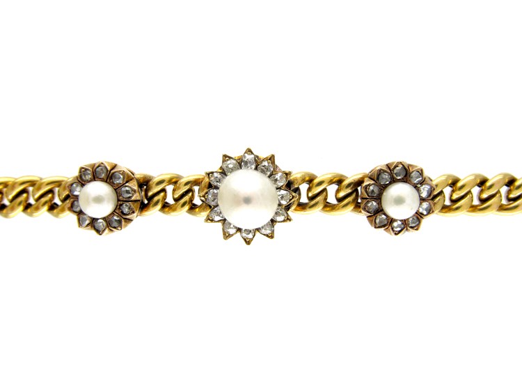 Natural Pearl Triple Cluster & Diamond 18ct Gold Victorian Bracelet