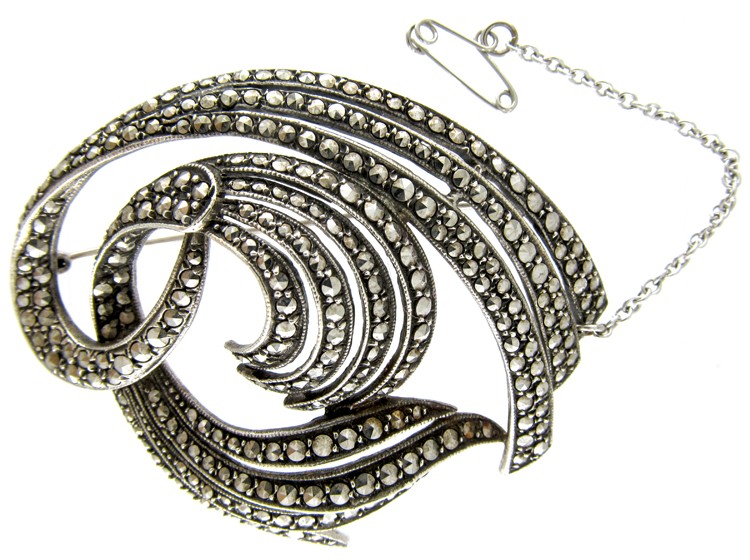 Marcasite Swirly Silver Art Deco Brooch