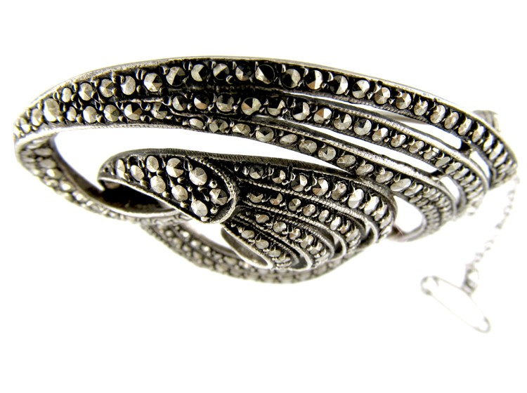 Marcasite Swirly Silver Art Deco Brooch