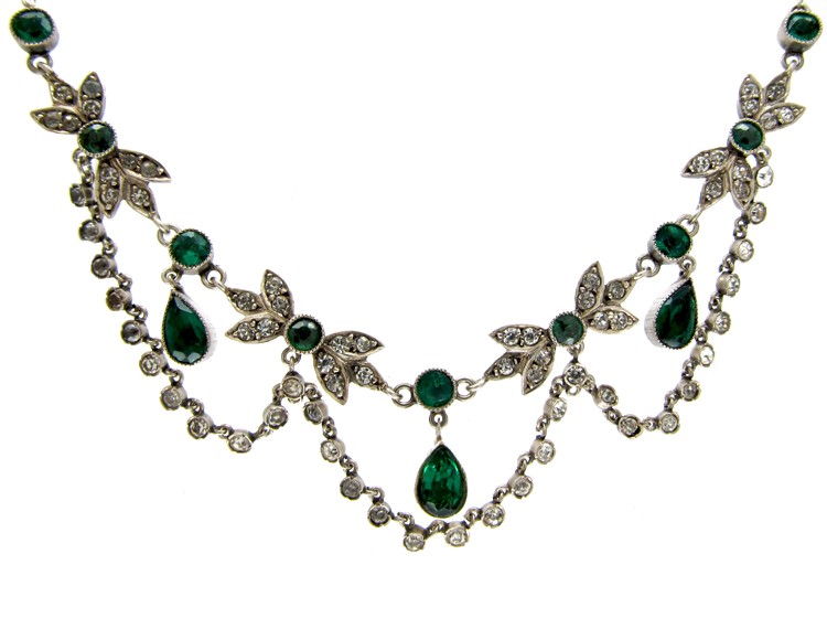 Green & White Paste & Silver Edwardian Necklace