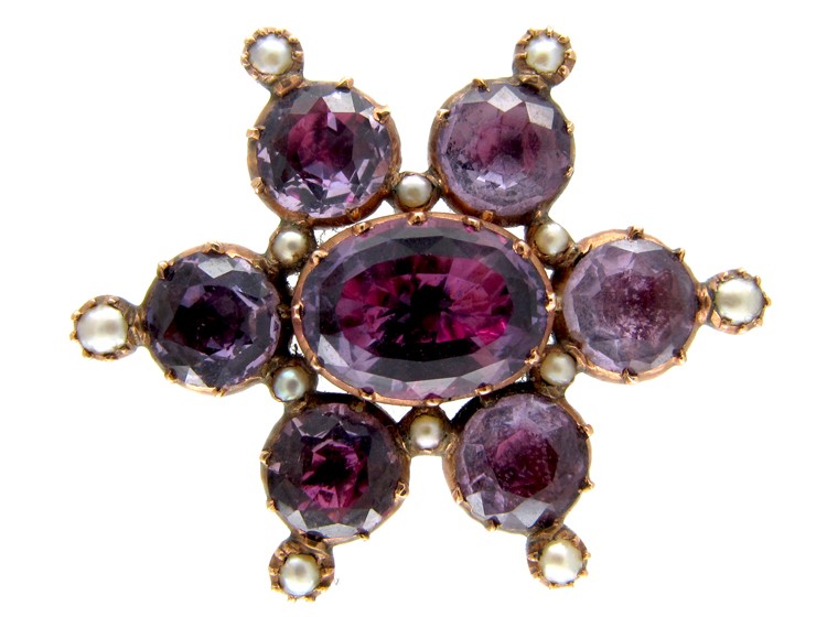 Foiled Amethyst & Natural Split Pearl Georgian Gold Brooch