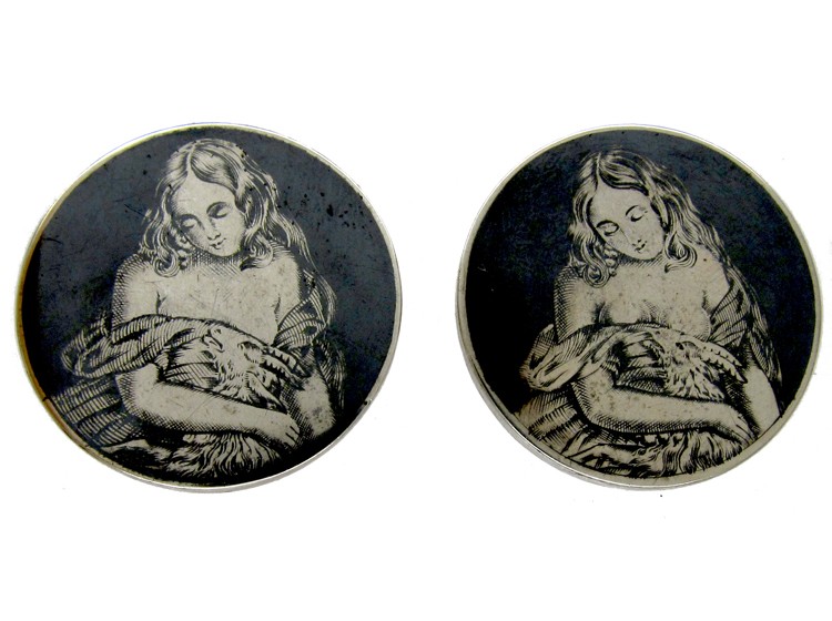 Victorian Silver & Niello Large Studs of Erotic Ladies