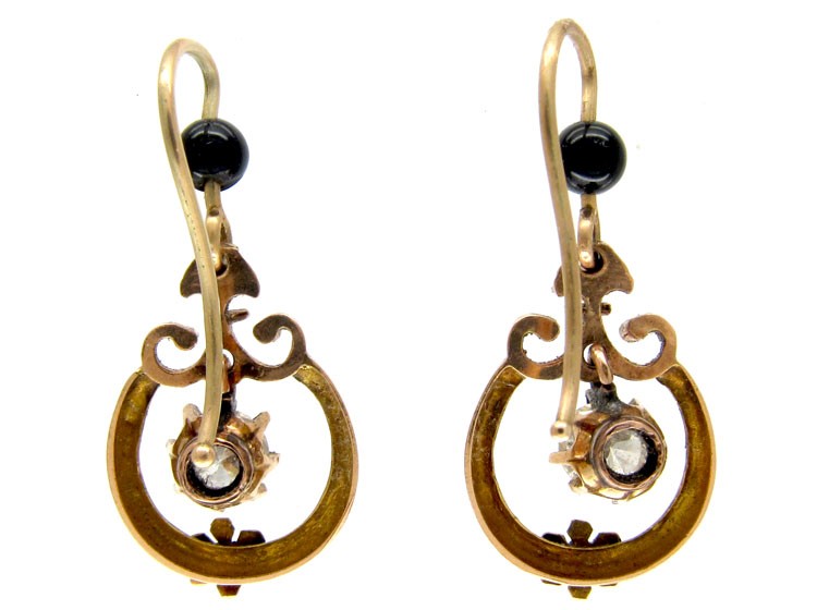 Diamond & Black Enamel Drop Victorian Earrings