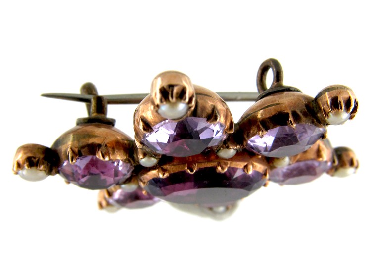 Foiled Amethyst & Natural Split Pearl Georgian Gold Brooch