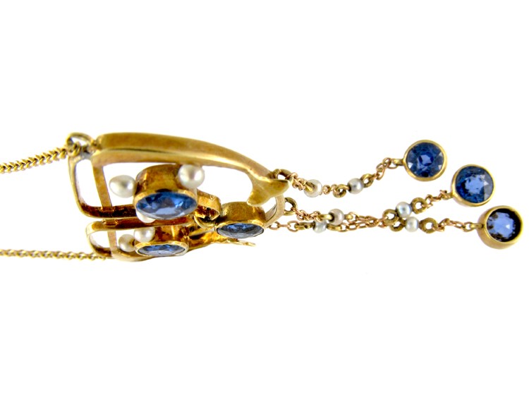 Sapphire & Natural Pearls 15ct Gold Art Nouveau Pendant on Chain