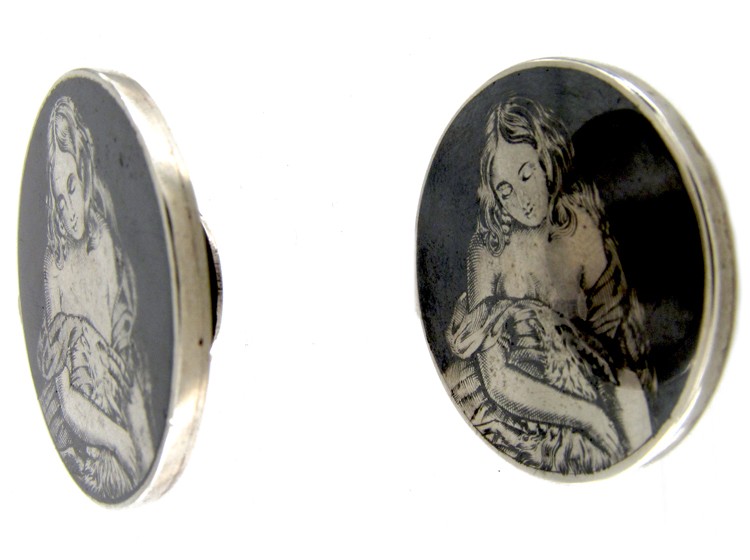 Victorian Silver & Niello Large Studs of Erotic Ladies