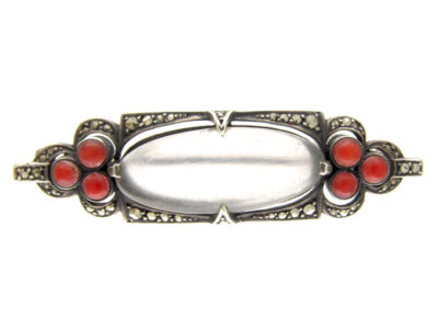 Theodor Farhner Silver, Rock Crystal, Coral ​& Marcasite Brooch
