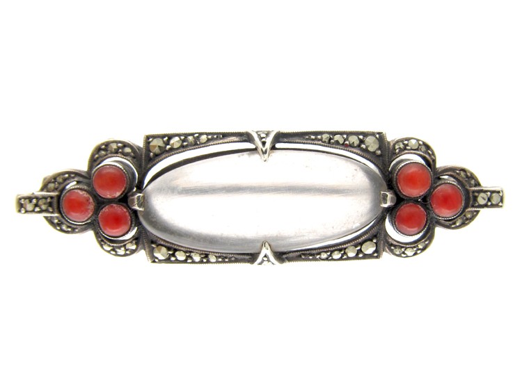Theodor Farhner Silver, Rock Crystal, Coral ​& Marcasite Brooch
