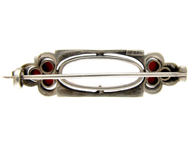 Theodor Farhner Silver, Rock Crystal, Coral ​& Marcasite Brooch