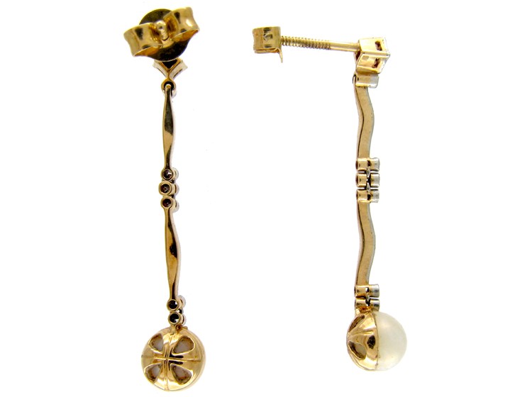 Edwardian Delicate Pearl & Diamond Drop Earrings