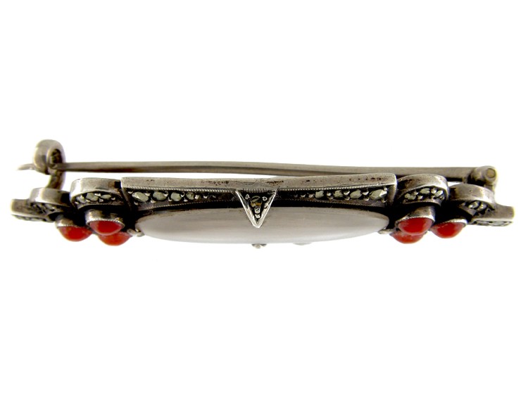 Theodor Farhner Silver, Rock Crystal, Coral ​& Marcasite Brooch