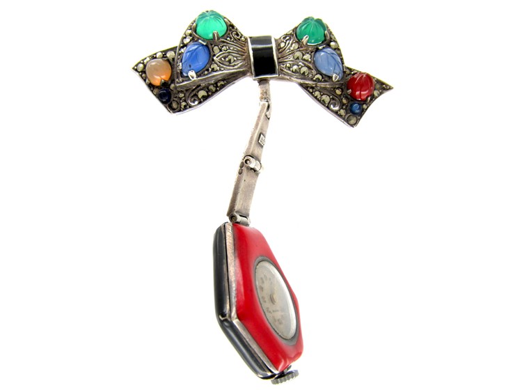 Art Deco Enamel & Marcasite Silver Watch