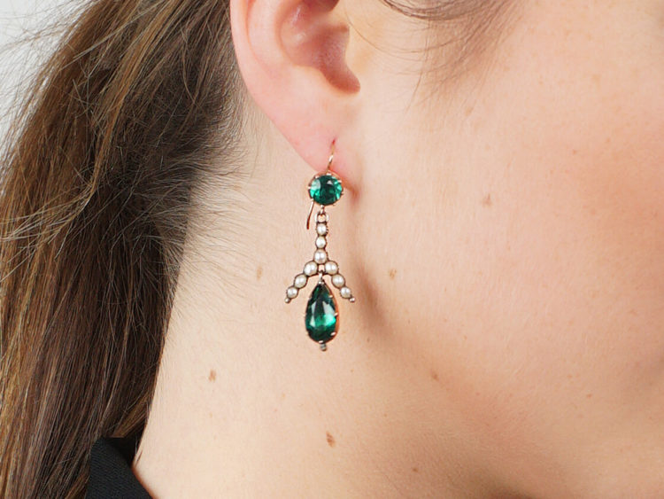 Georgian Green Paste & Pearl Gold Drop Earrings