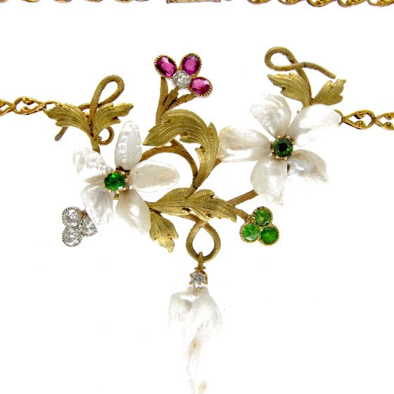Suffragette Green Garnet, Diamond, Ruby & Natural Pearl Necklace