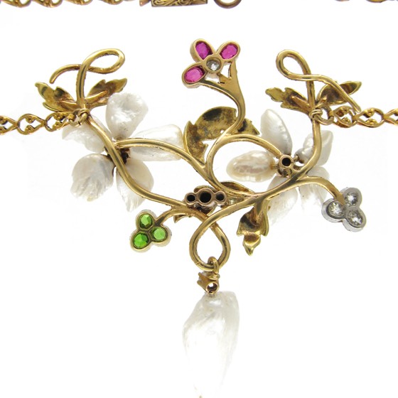 Suffragette Green Garnet, Diamond, Ruby & Natural Pearl Necklace