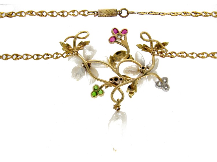 Suffragette Green Garnet, Diamond, Ruby & Natural Pearl Necklace