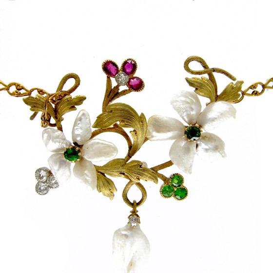 Suffragette Green Garnet, Diamond, Ruby & Natural Pearl Necklace