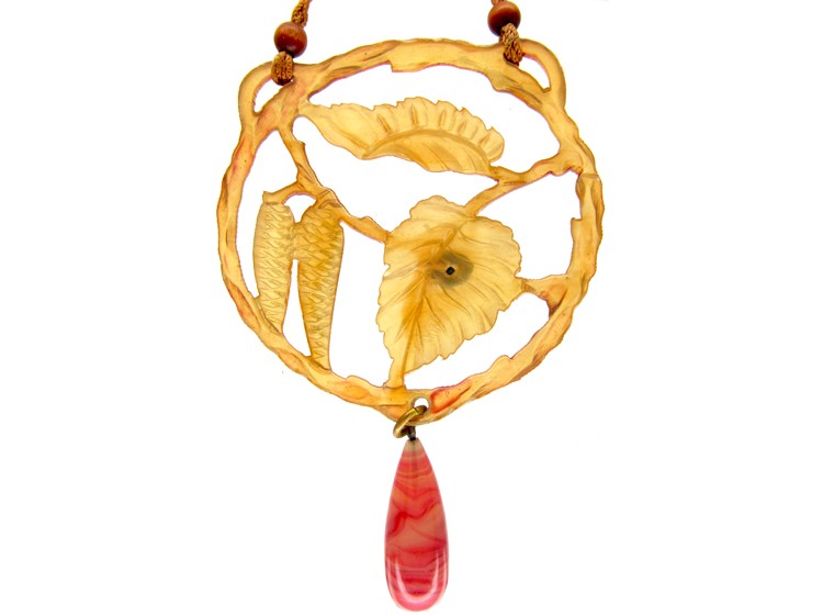 Carved Horn Art Nouveau Pendant with Ladybird