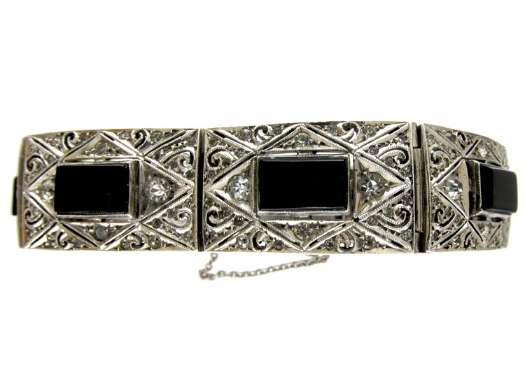Art Deco Onyx & Paste Silver Bracelet