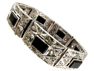 Art Deco Onyx & Paste Silver Bracelet
