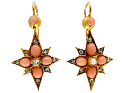 Victorian Coral & Diamond Star Drop Earrings