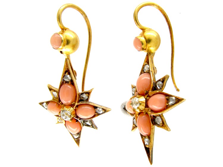 Victorian Coral & Diamond Star Drop Earrings