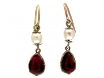Flat Cut Garnet & Pearl Drop Earrings