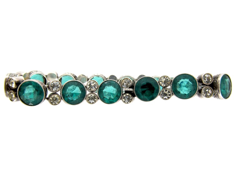 Art Deco White & Green Paste Silver Bracelet