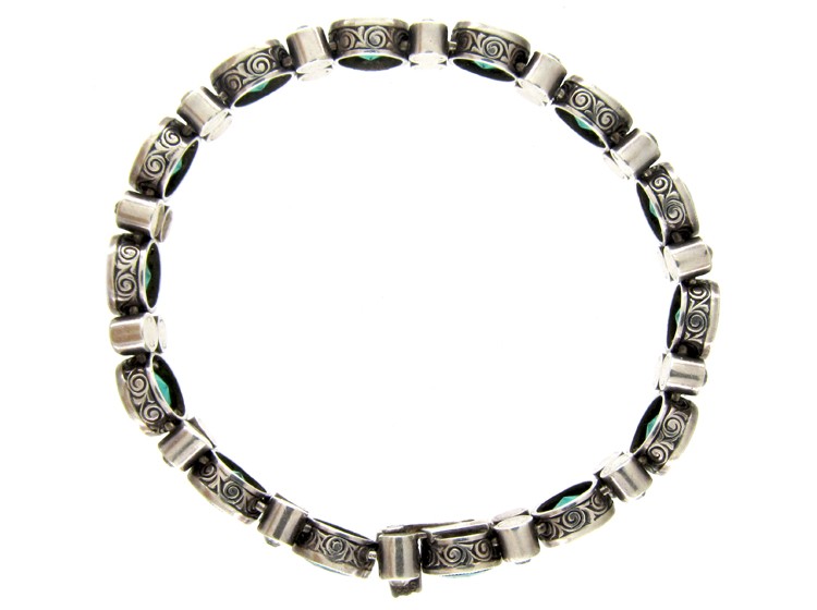 Art Deco White & Green Paste Silver Bracelet
