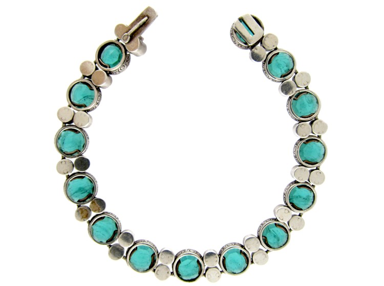 Art Deco White & Green Paste Silver Bracelet